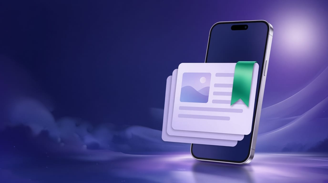 スマホのニュースカードを右へ保存するイラスト