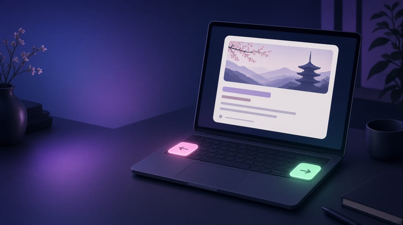 PCの左右キーでニュースカードを仕分けるイラスト